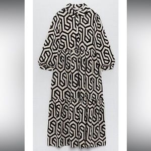 NWT - ZARA Geometric MIDI dress, cream/black, size  XL